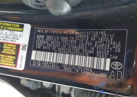 2017 Toyota Corolla Le from USA, damaged, VIN 2T1BURHE0HC922416